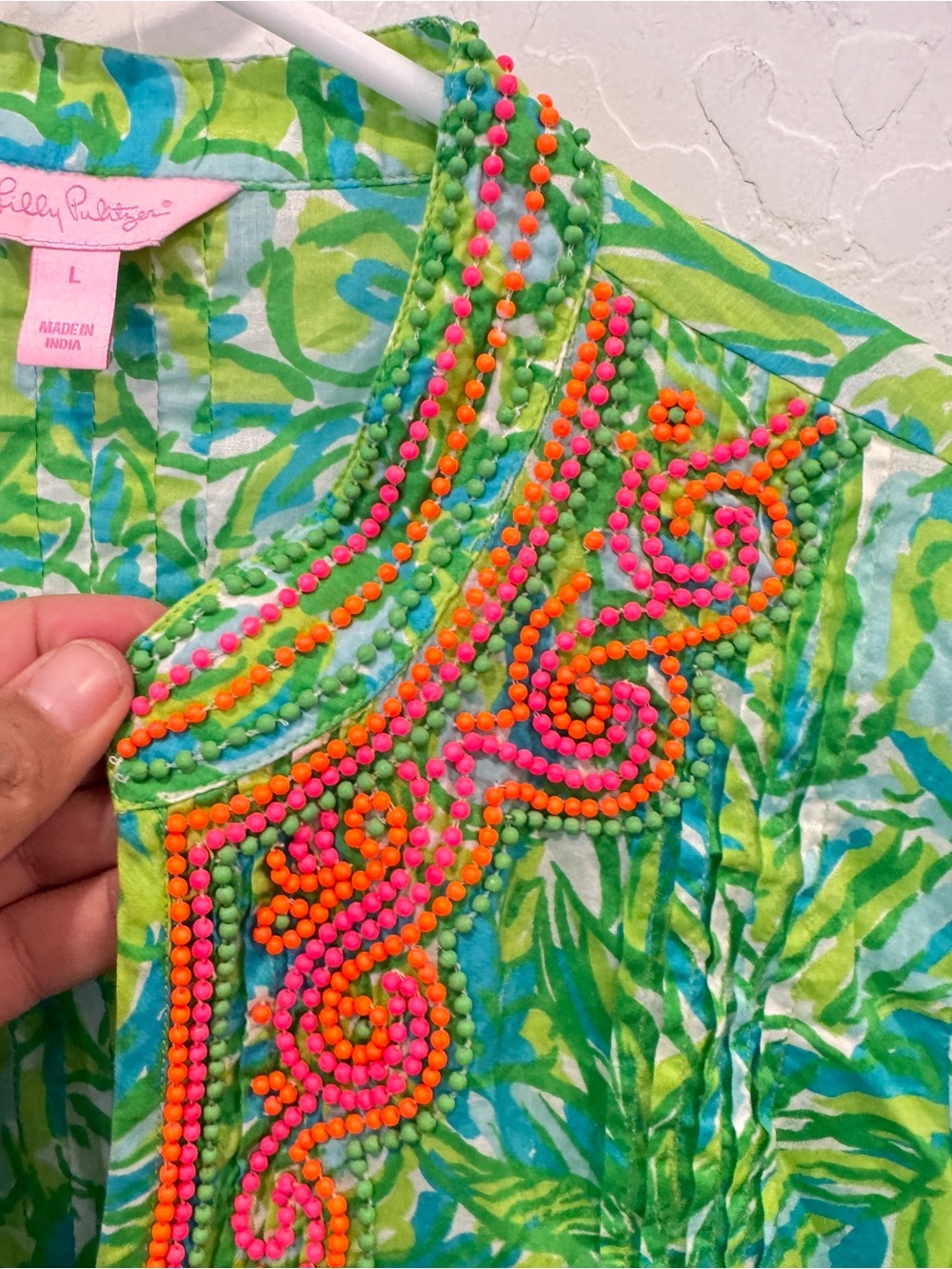 Lilly Pulitzer Green Sarasota Beaded V-Neck Tunic Women’s Large Resort Beach - Picture 4 of 9